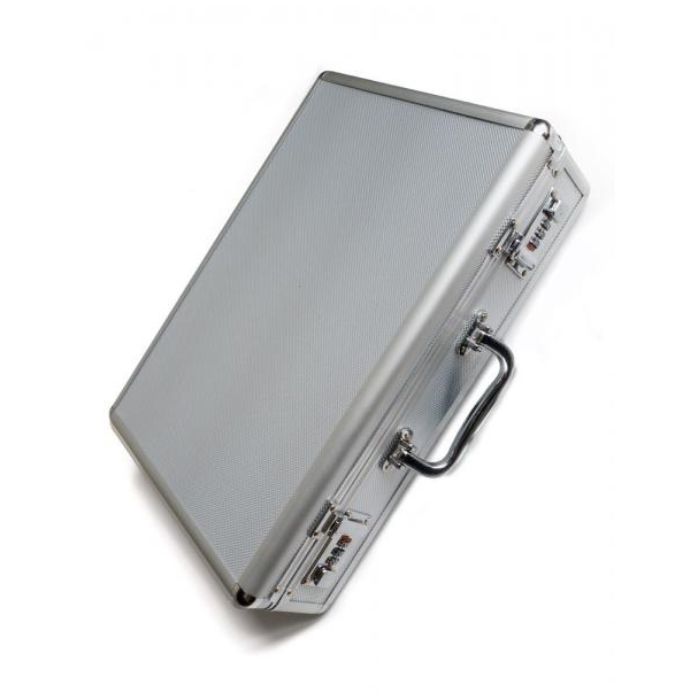 side angled view of closed silver briefcase with handle.