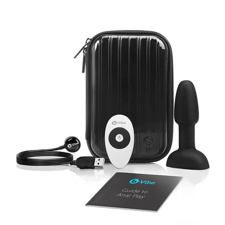 black hard body with zipper all the way around storage case, black petite plug, white remote with black accents, black USB charging cord, black with teal b-vibe logo guide to anal play manual