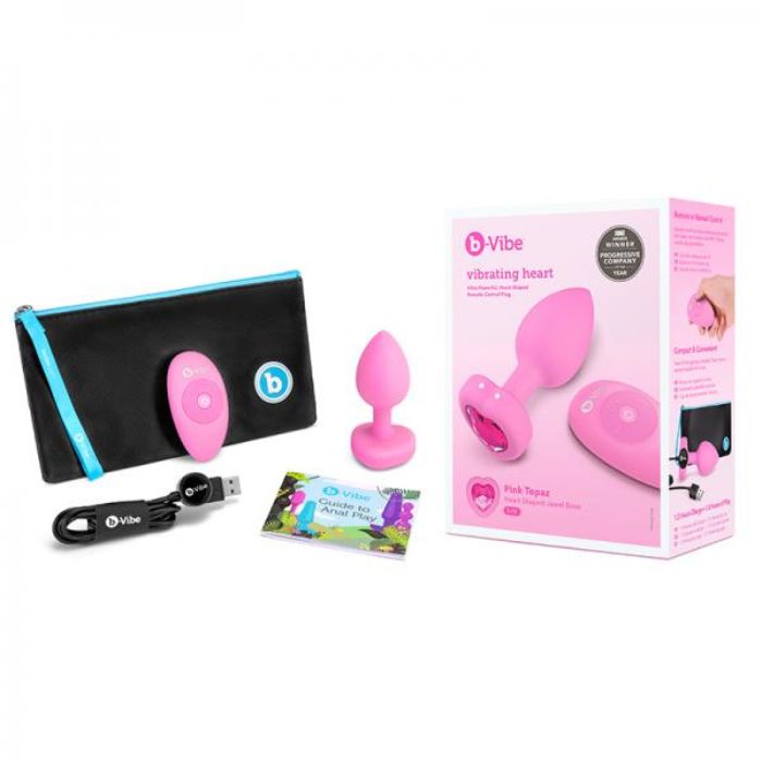 box package with image of plug and remote with pink text and pink and white gradient background, pink butt plug, guide to anal play manual, black usb charging cord, black storage pouch with teal accents and top zipper, and pink remote.