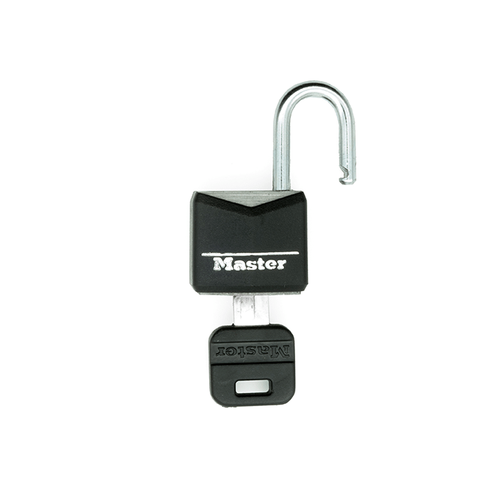 Black Vinyl Coated Master Lock Padlock with key inserted and shackle open