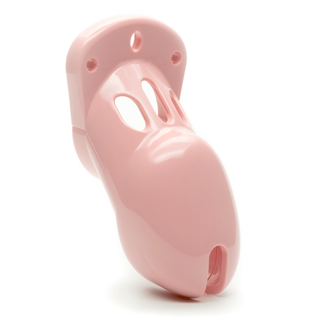 Front view and side profile of pink CB-3000 cock cage only, tip of the cage angled to the right