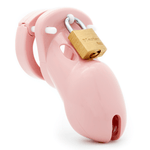Front view, with tip angled to the right of a fully-assembled pink CB-3000 penis chastity cage. Three white locking pins connect the base ring to the penis cage and a brass padlock is secured through a hole on the center locking pin.