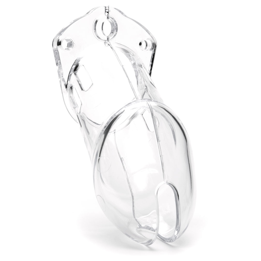 Front view of clear CB-6000 cock cage only, tip of the cage angled to the right