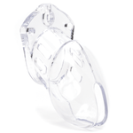 Front view and side profile of clear CB-6000S cock cage only, tip of the cage angled to the right