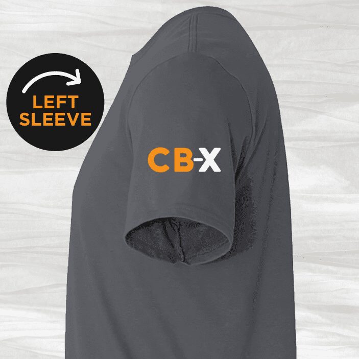 left sleeve view with CB-X logo on grey t-shirt