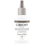 4 ounce spray top Coochy After Shave Protection Mist in white bottle with bronze accents and text.