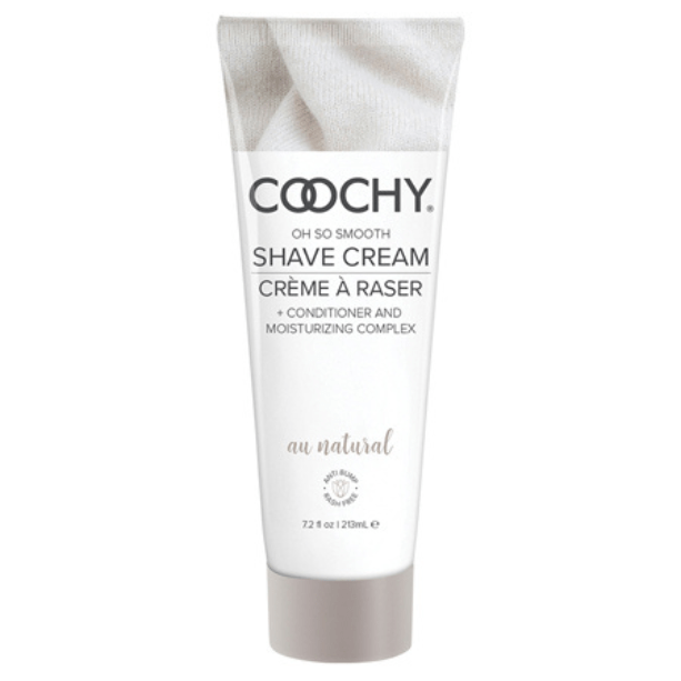 Coochy Au Natural Shave Cream 7.2 oz squeeze bottle with white linen image and black text.