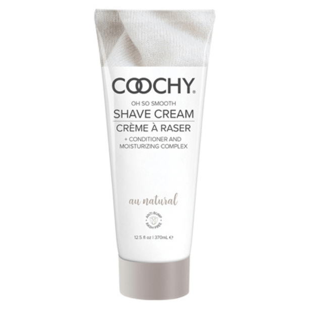 Coochy Au Natural Shave Cream 12.5 oz squeeze bottle with white linen image and black text.