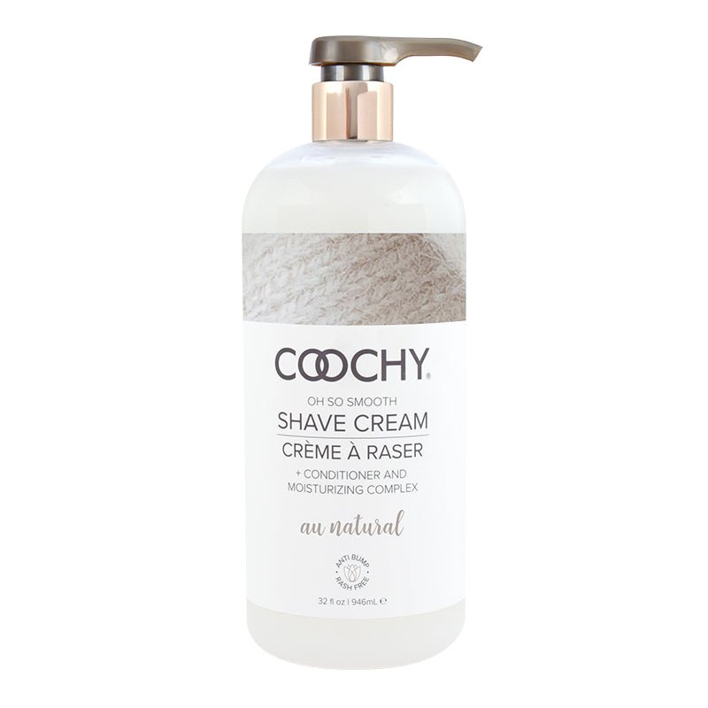 Coochy Au Natural Shave Cream 32 oz pump top bottle with white linen image and black text.