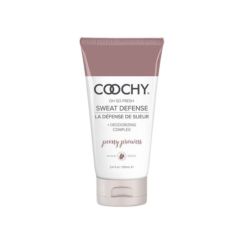 Coochy Intimate Sweat Defense Lotion squeeze bottle with black and mauve text.