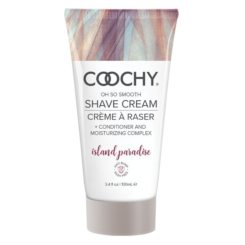 3.4 oz Coochy Shave Cream Island Paradise squeeze bottle with iridescent design and black text