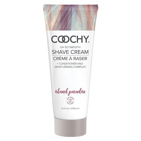 12.5 oz Coochy Shave Cream Island Paradise squeeze bottle with iridescent design and black text