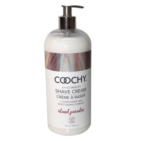 32 oz Coochy Shave Cream Island Paradise pump top clear bottle with iridescent design and black text