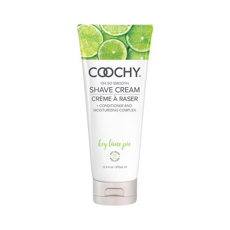 12.5 oz squeeze bottle with lime slices image on bottle with black text Coochy Shave Cream Key Lime Pie