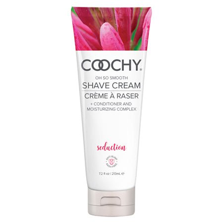 Coochy Shave Cream Seduction 7.2 oz squeeze bottle with pink flower image and black text.