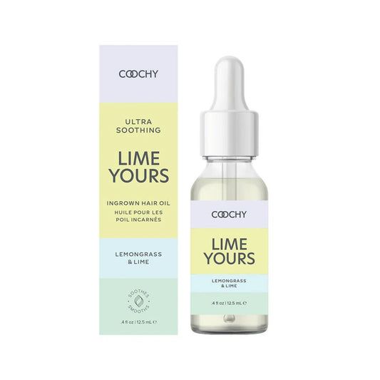 clear 12.5ml bottle with white lid dropper top Coochy Ultra Soothing Ingrown Hair Oil next to yellow green and light blue striped packaging with black text.