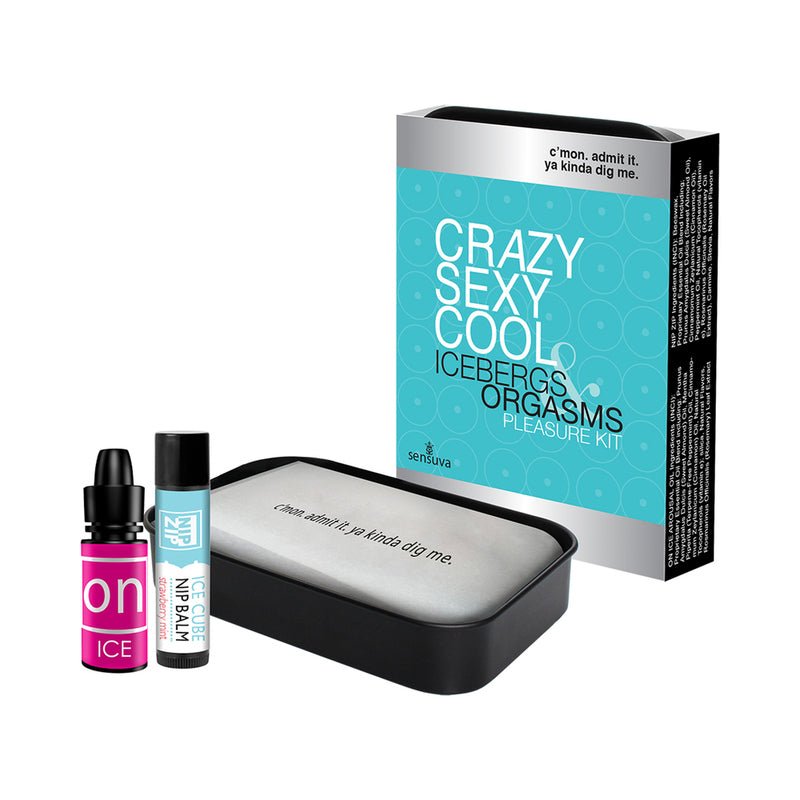 silver, black and teal packaging with black storage tin, nip zip strawberry min nip balm in chapstick tube, and ON Ice arousal oil in black dropper top bottle with pink and white label