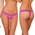 front and back view of pink and purple lace low rise crotchless thong