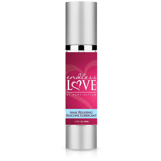 Front view of Endless Love by Body Action Anal relaxing silicone lubricant, white text on pink background, bottle is 1.7 ounces