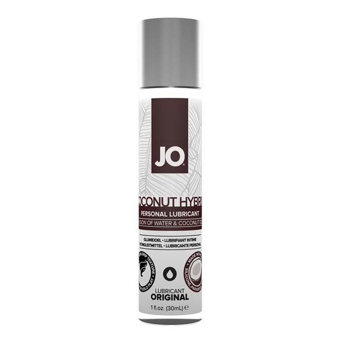 Front of System JO® Coconut Hybrid Silicone-Free lubricant 1 ounce bottle. Bottle is clear with brown accents with a silver cap.