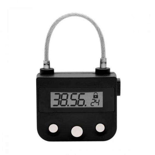 black timer lock with LED screen, cable shackle, and three white function buttons.