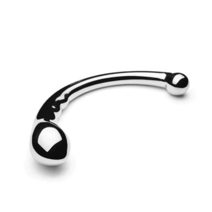 Le Wand Hoop Stainless Steel curved Dildo with one large bulbous end and one smaller round bulbous end.