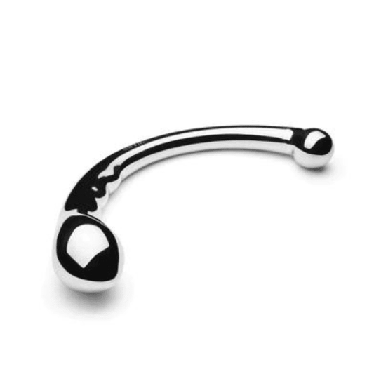 Le Wand Hoop Stainless Steel curved Dildo with one large bulbous end and one smaller round bulbous end.