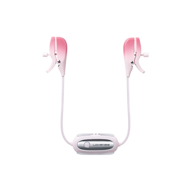 lovense gemini app controlled pink and white ombre nipple clamps connected by white cord, with controller attached in middle of cord with silver Lovense logo plate.