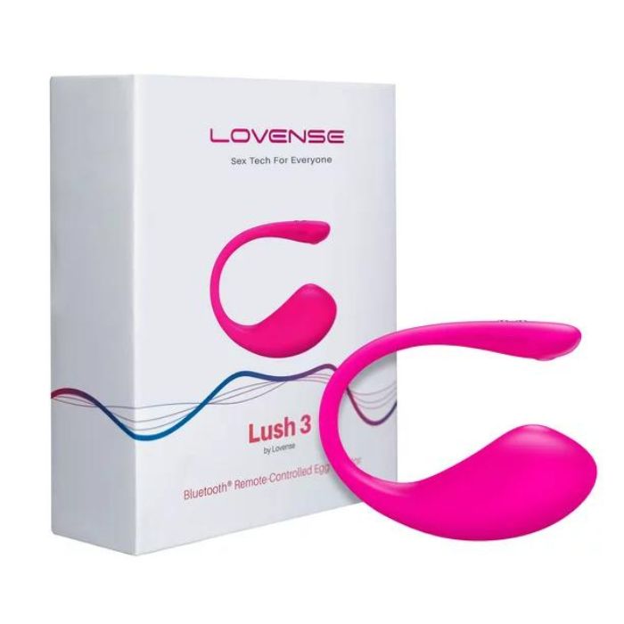 white packaging box with pink text and hot pink Lovense Lush 3 Insertable Egg u-shaped vibrator with one slim end and one wide end