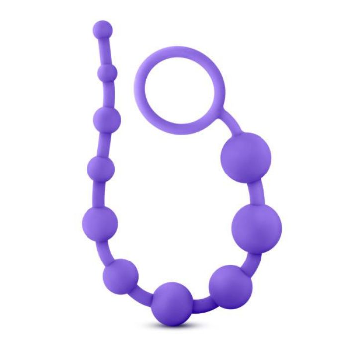 looped in u-shape purple string of Silicone Anal Beads with 10 beads starting from smallest to largest and increasing in size up to the removal ring