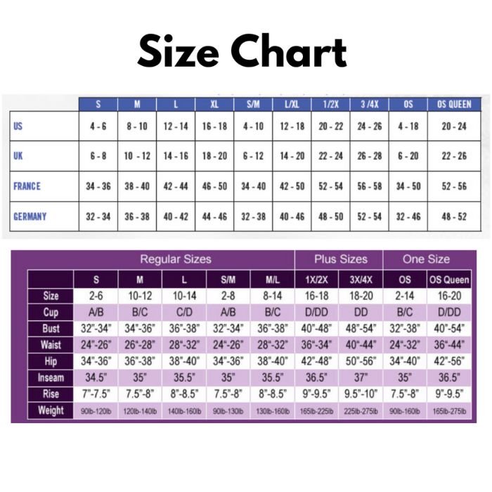 Magic Silk Hard Candy Bra, Skirt, and Thong Set size chart