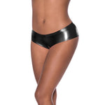 black latex-like Magic Silk Hard Candy Low Rise Split Crotch Boyshort on a smaller framed real body