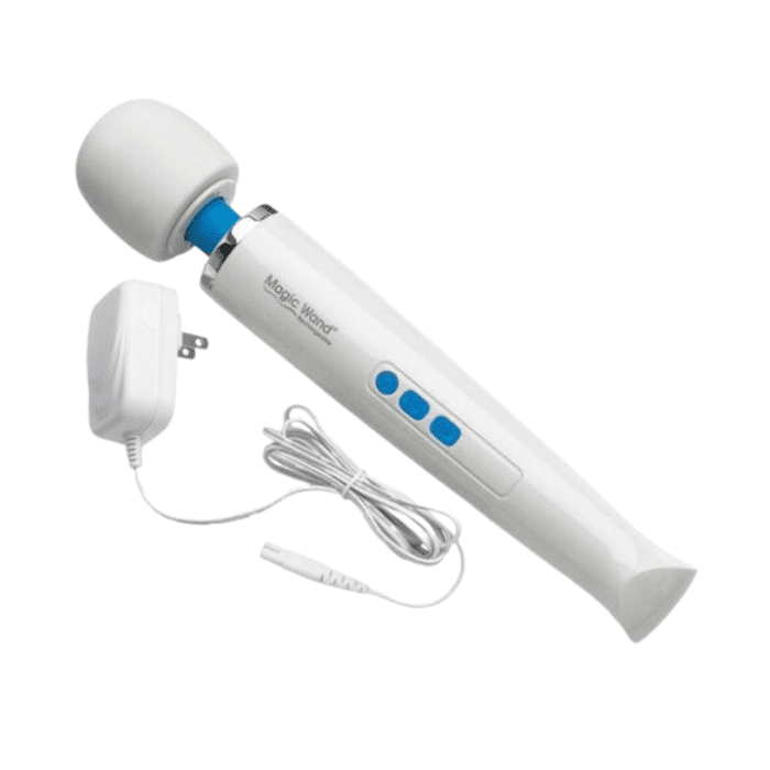 angle pointing down white magic wand vibrating massager with blue buttons and neck and white standard plug charging cord.