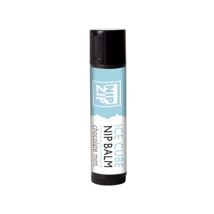 Nip Zip chocolate mint Nipple Arousal Balm in black chapstick tub with white and blue label.