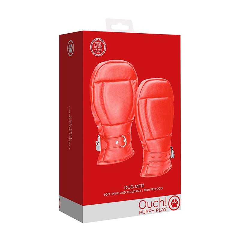 packaged red puppy play dog mitts