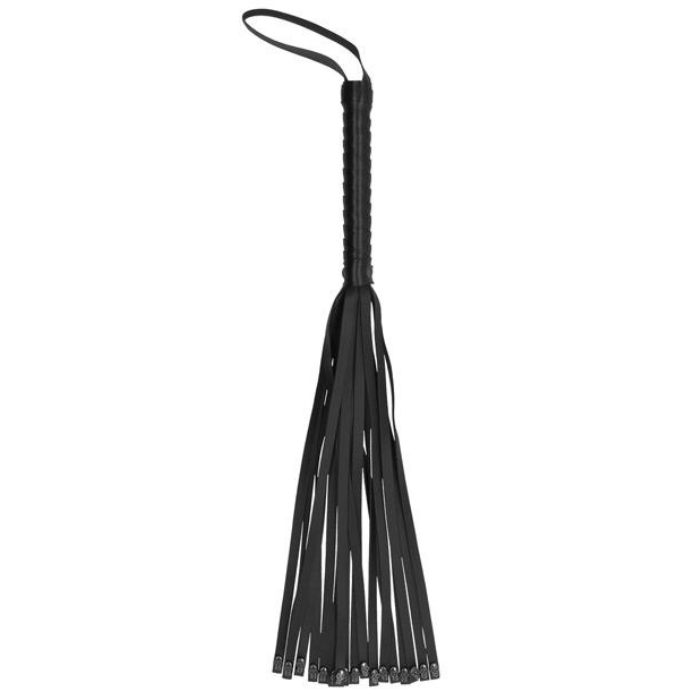 black flogger with skulls on the ends of the whips and a wrist loop on the handle