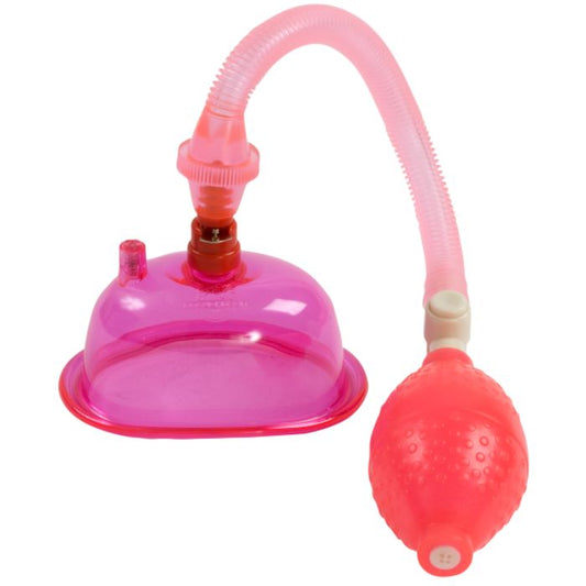 pink full-size pussy pump with pink cup, pink tubing, and pink bulb