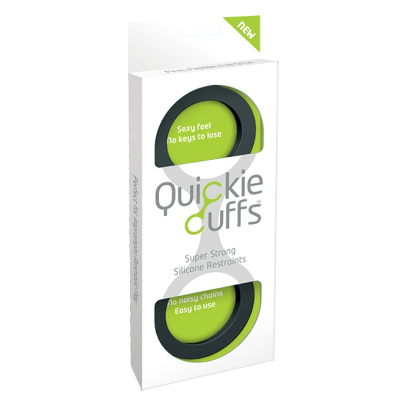 white and green packaging of black quickie cuffs