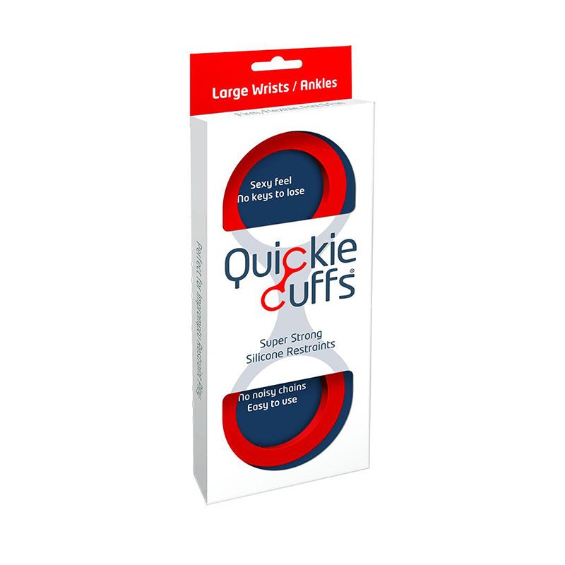 white and navy blue packaging of red quickie cuffs