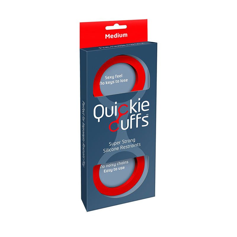 grey and navy blue packaging of red quickie cuffs