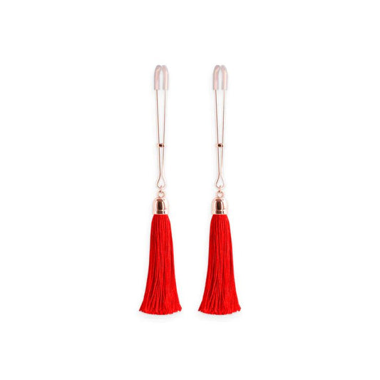 Rose Gold Tweezer Nipple Clamps with Red Tassels
