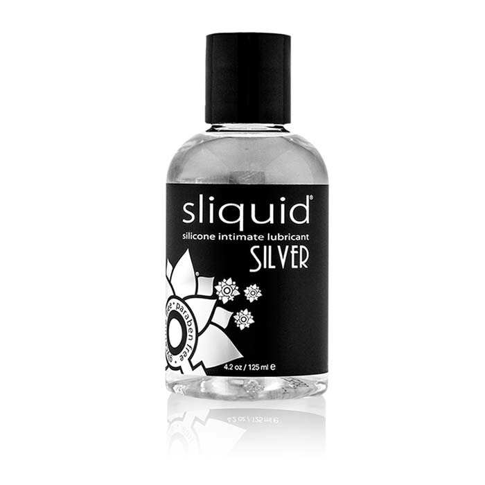 Front of Sliquid Silver Naturals Silicone lubricant, 4.2oz. / 125mL. Bottle is clear with a black label, white text and a black cap.