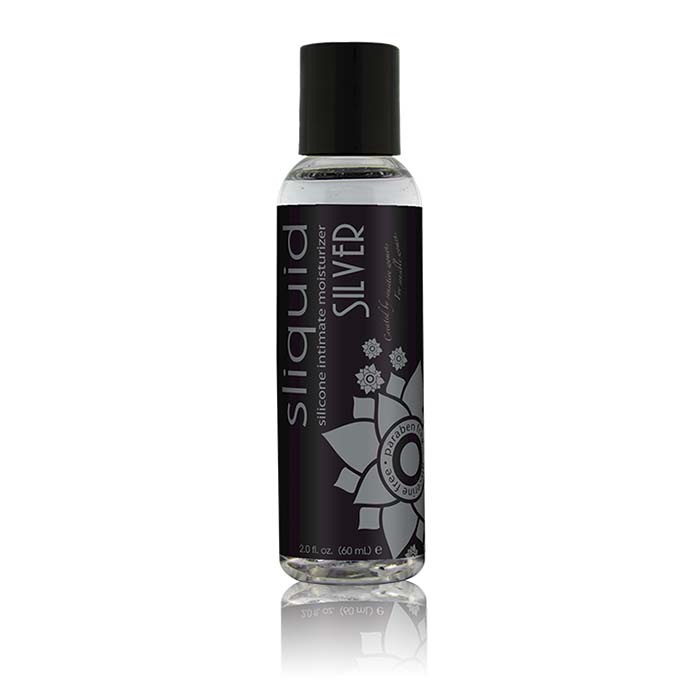 Front of Sliquid Silver Naturals Silicone lubricant, 2oz. / 60mL. Bottle is clear with a black label, white text and a black cap.