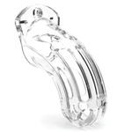 Front and side view of clear The Curve cock cage only, tip of the cage to the right.