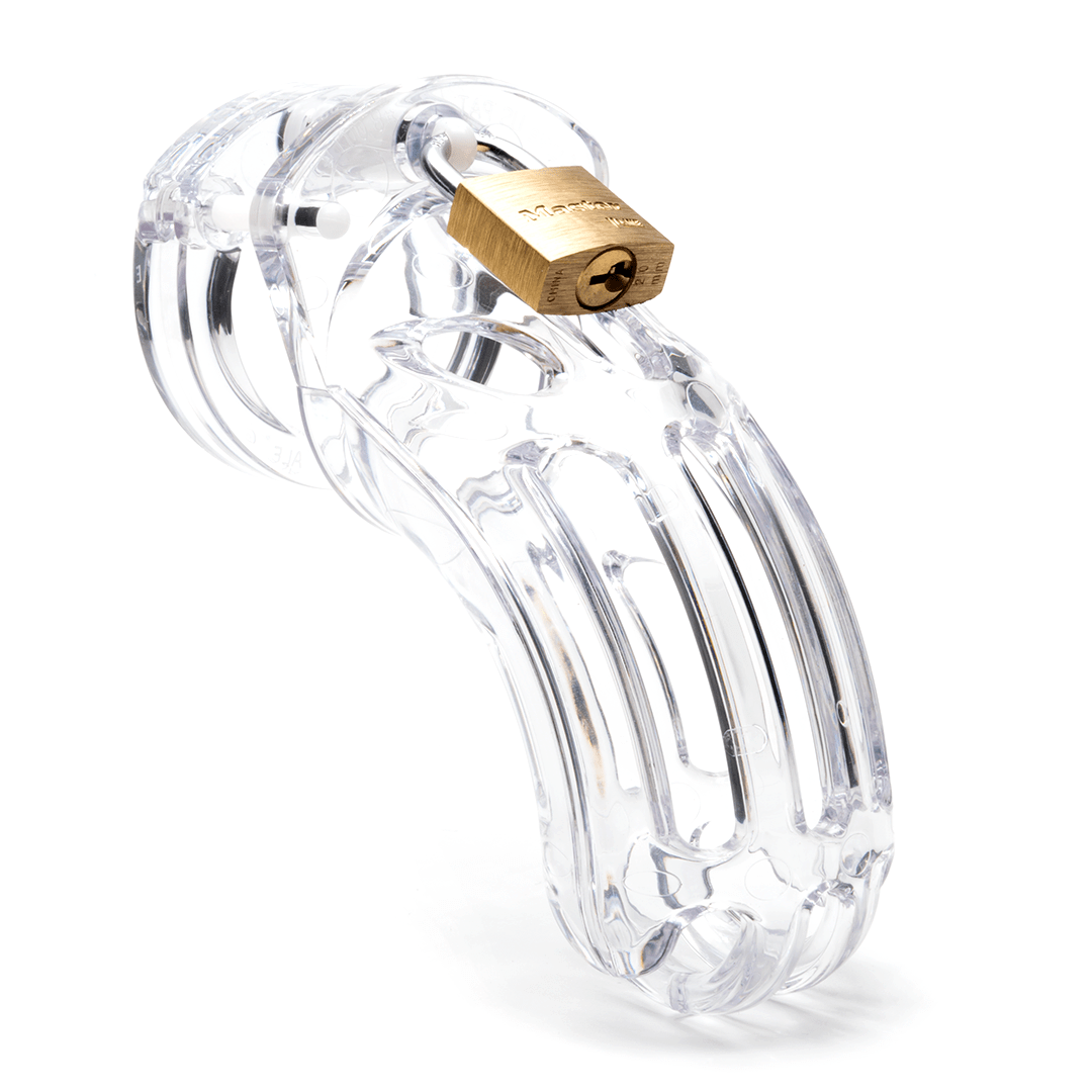 front view of the Curve clear CB-X chastity kit full assembled with cage angled to the right