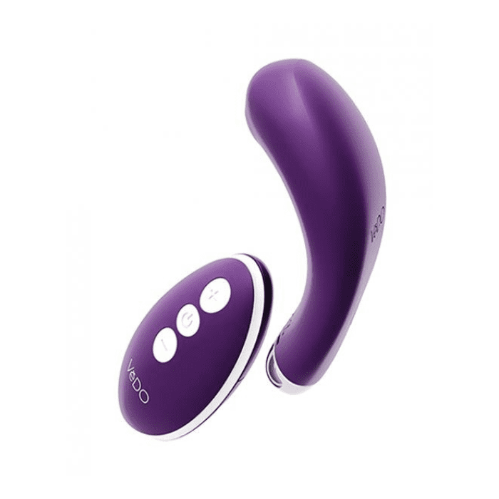 side view VeDO Niki purple Flexible Panty Vibe and remote with sliver buttons and silver accents