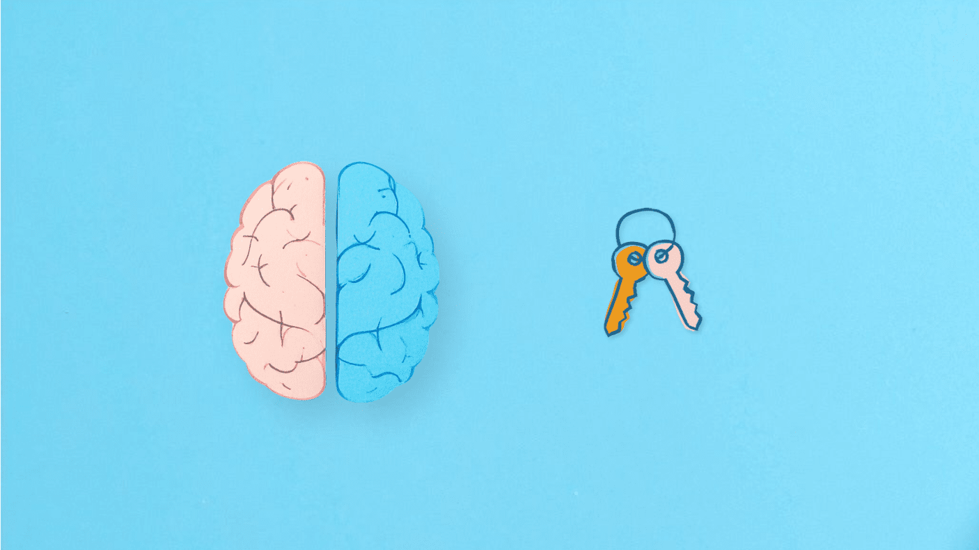 blue background with left and right side of a brain with two keys laying next to it