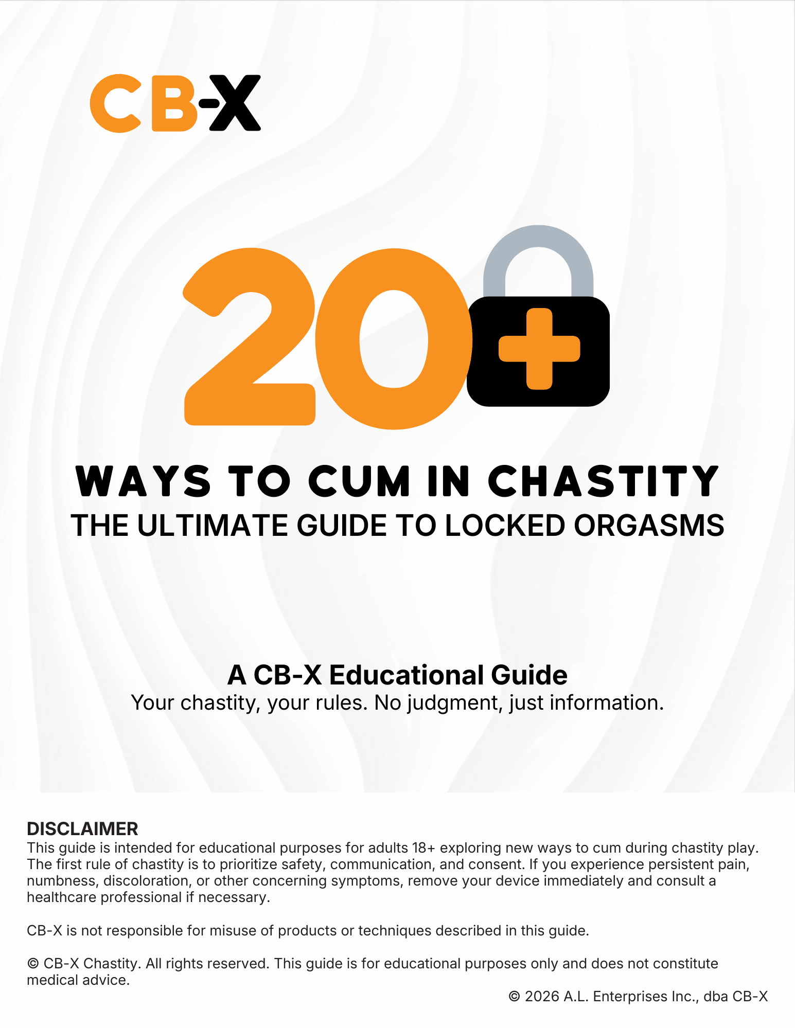 Cover of a guide titled '20+ Ways to Cum in Chastity' by CB-X on a white background.