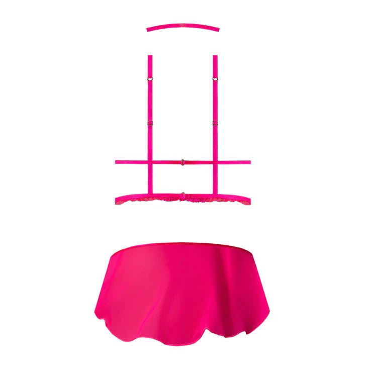 CB - X - Magic Silk Pink Kink Chest Harness with Choker and Open Crotch Skirt Panty