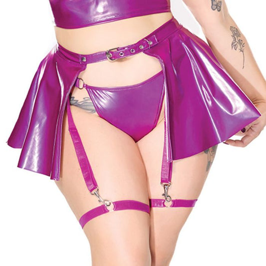 CB - X - Darque Purple PVC Skirt with Removable Leg Garters - O/S Plus Size